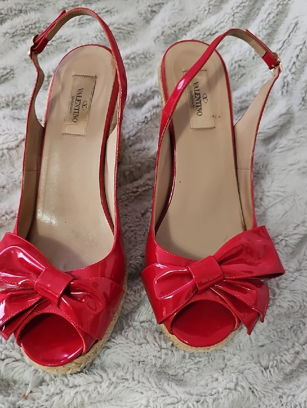 Valentino Red Patent Bow Slingback Wedge Sandals